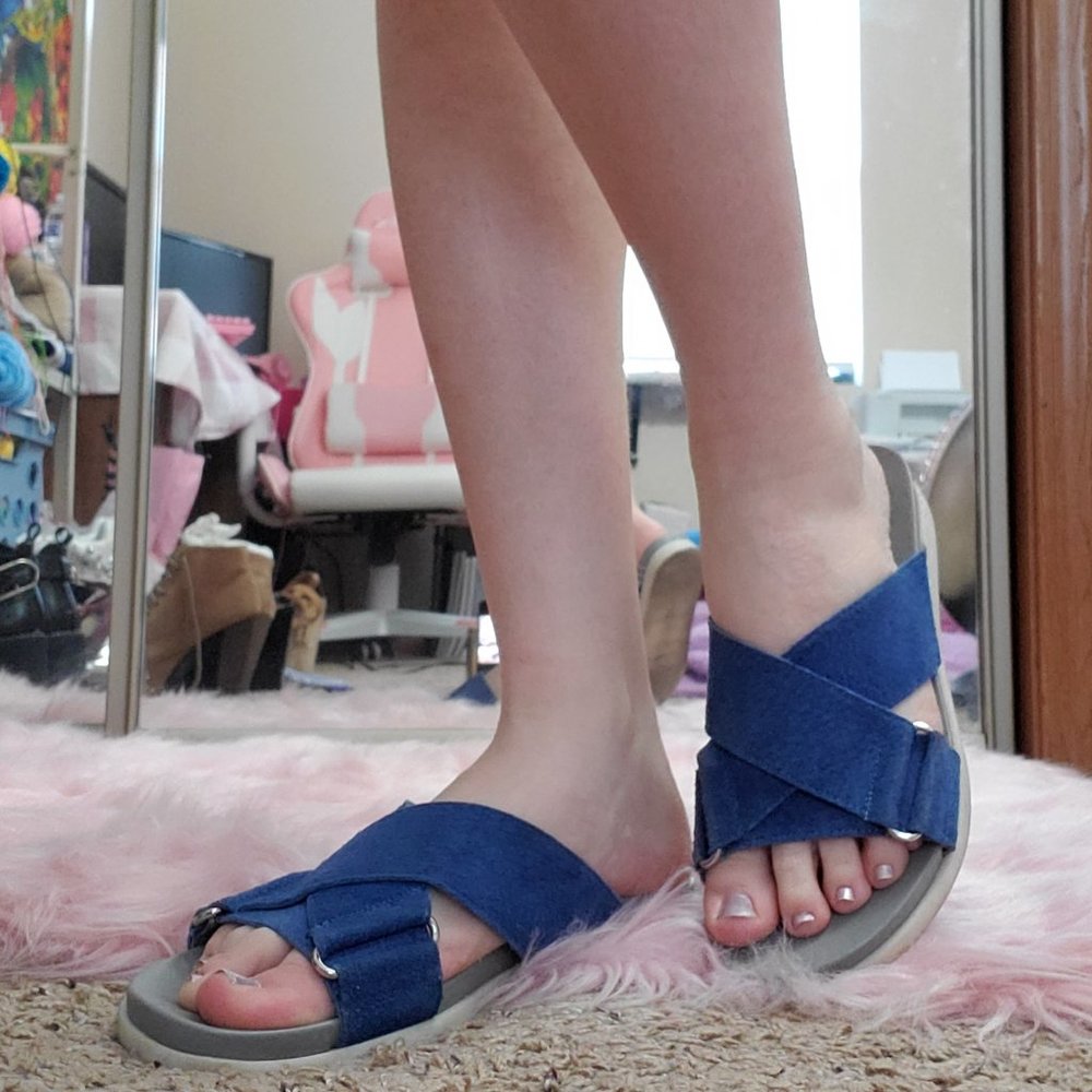 Franco Sarto Blue Leather Cross Band Slides